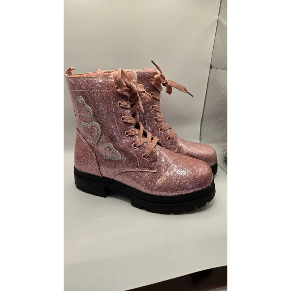 Girls Pink Glitter Combat Boots Heart Detail Lace Up Side Zip Chunky Sole US 5